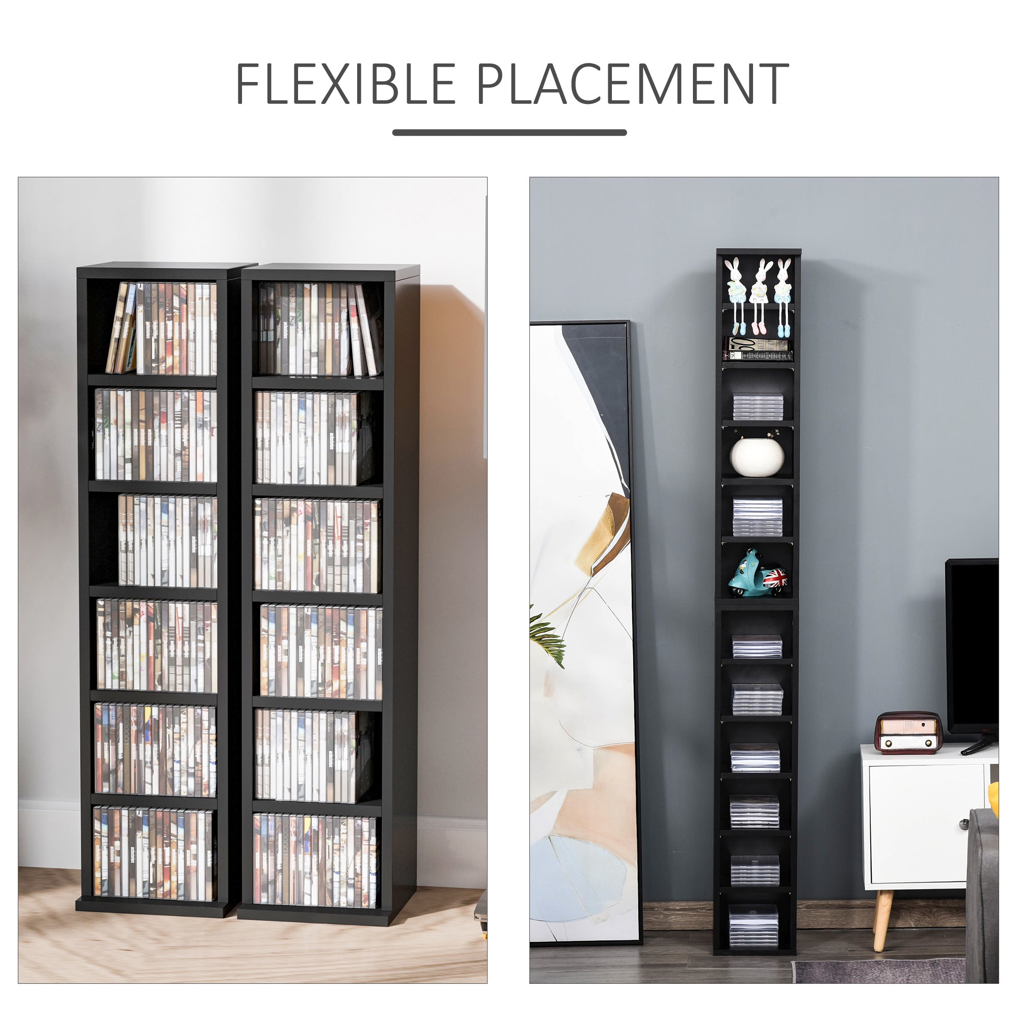 HOMCOM 204 CD Media Display Shelf Unit Set of 2 Blu-Ray Tower Rack w/ Adjustable Shelves Bookcase Storage Organiser, Black